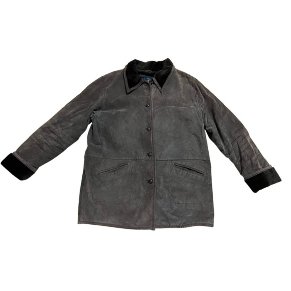 Pacific Rose Women Gray‎ Suede Leather Fur Trimmed Winter Coat Jacket Size L